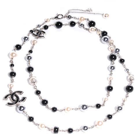 chanel long black beaded cc logo necklace